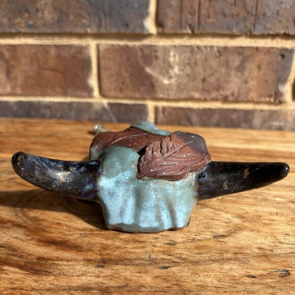Glazed enamel pottery bull skull with mounting bolt Turquoise/Aqua Terracotta 5” - Picture 4 of 16
